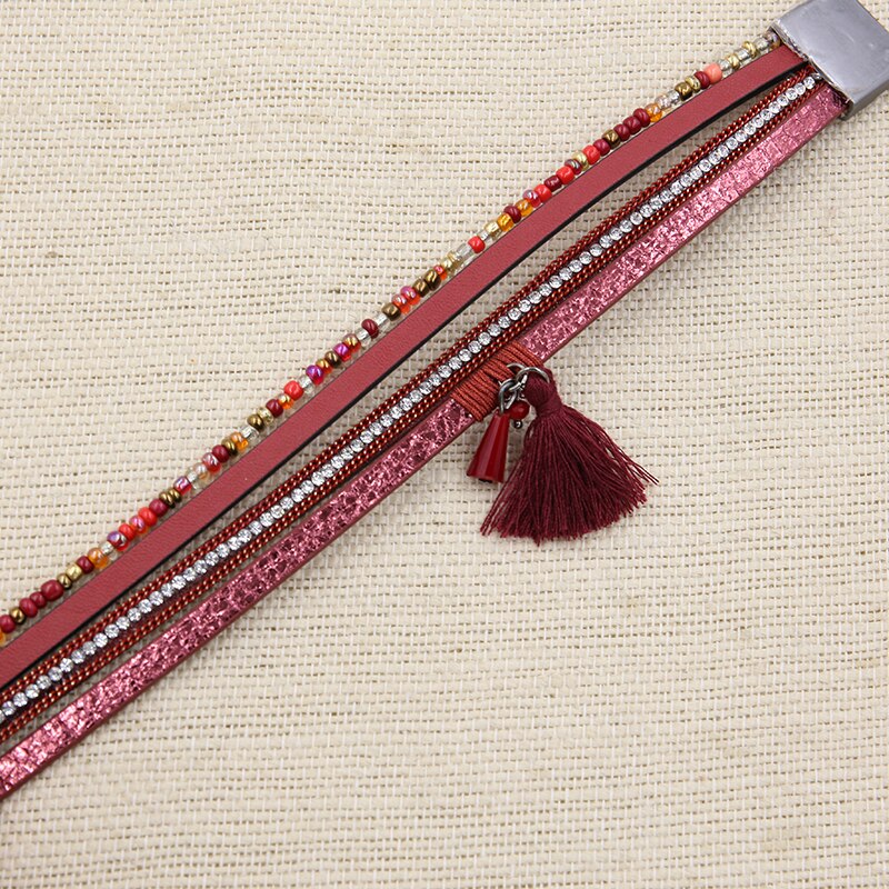 Armband PU Lederen Armbanden &amp; Armbanden Voor Vrouwen Pulseira Kristal Set Kralen Onregelmatige Parel Stof Kwastje Wrap Pols Band Grey