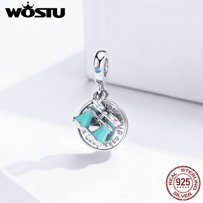 Wostu 925 sterlina d'argento Telescopio & Bussola Pendenti E Ciondoli Blu Dello Smalto Misura Branelli Del Braccialetto Originale Del Pendente Dei Monili Del Regalo CTC148