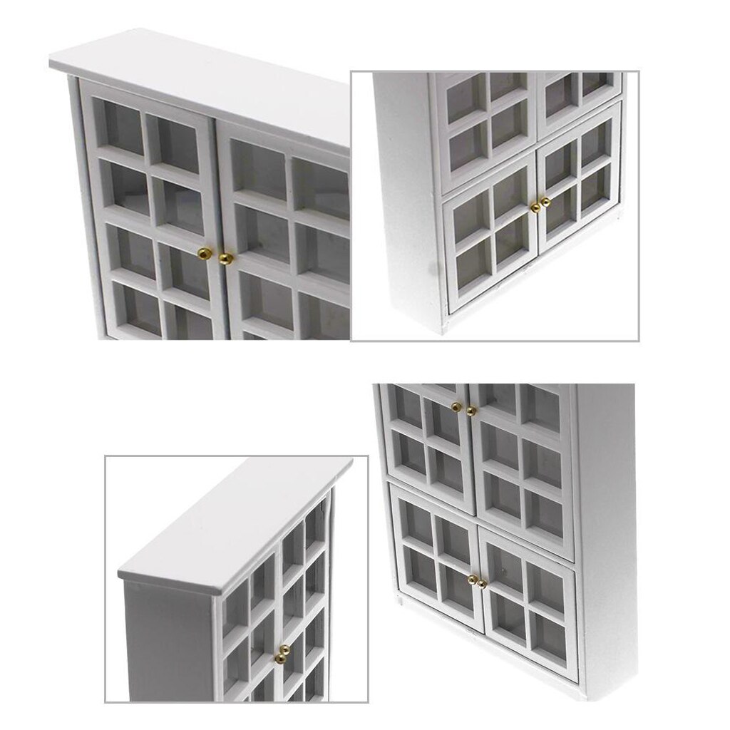 Miniatyr dockskåp vitrinskåp - dockhus mini möbelskåp/bokhylla vitrinhylla  - 1/12 skala (medium vit)