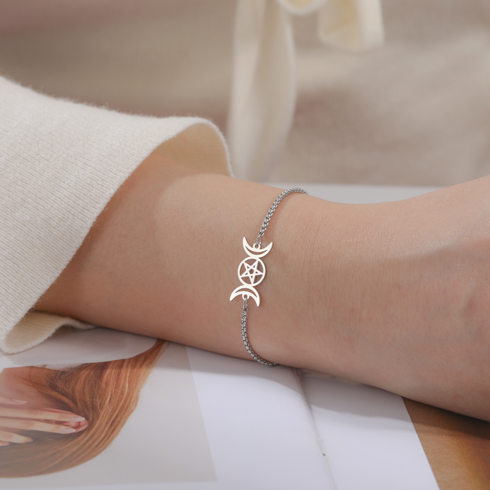 COOLTIME Triple Moon Goddess Bracelet for Women Men Stainless Steel Pentagram Magic Wicca Amulet Bracelet Jewelry Birthday