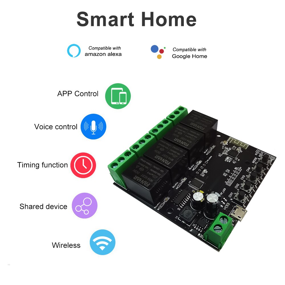 Tuya 4ch usb  dc5v/7-32v wifi-schakelaar draadloze relaismodule timingfunctie afstandsbediening app afstandsbediening voor alexa google home