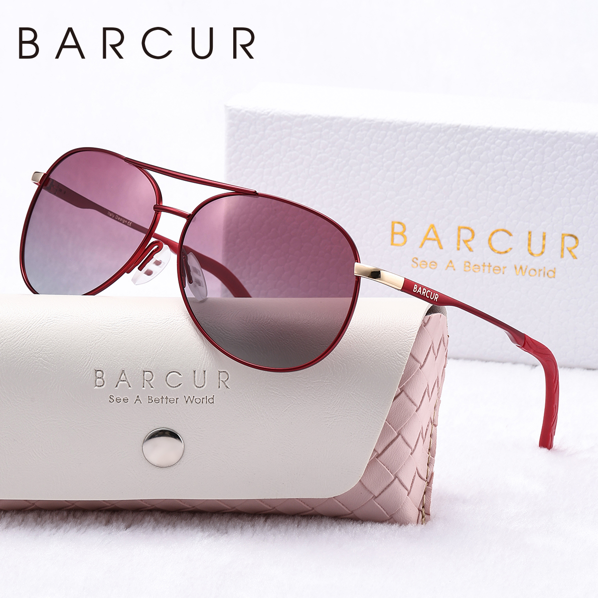 Barcur metalen gepolariseerde roze zonnebril voor dames, lichtgewicht, blauwe gradient glazen, accessoire voor dames: Rood