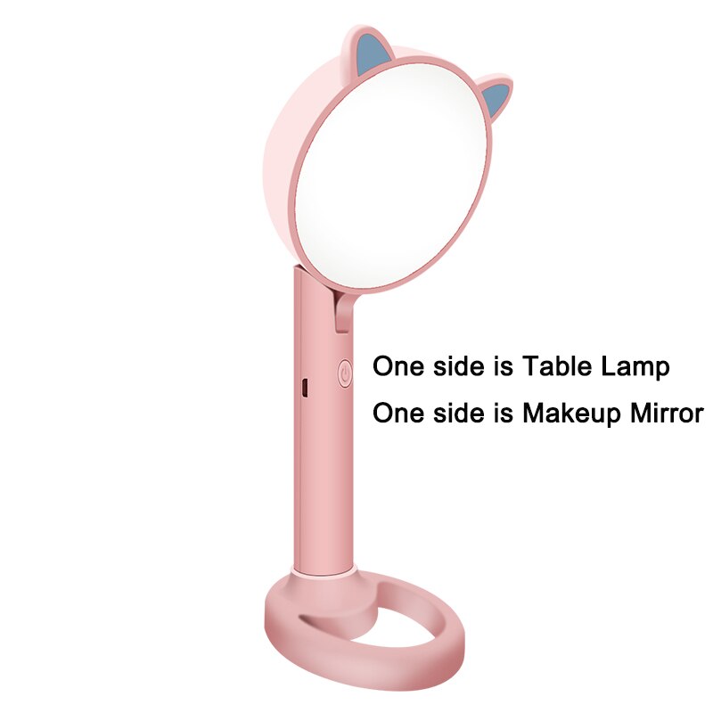 AiLESEN Cute Cat Ears Makeup Mirror And Table Desktop Lamp Third gear light adjustable Multi-function makeup mirror: Pink