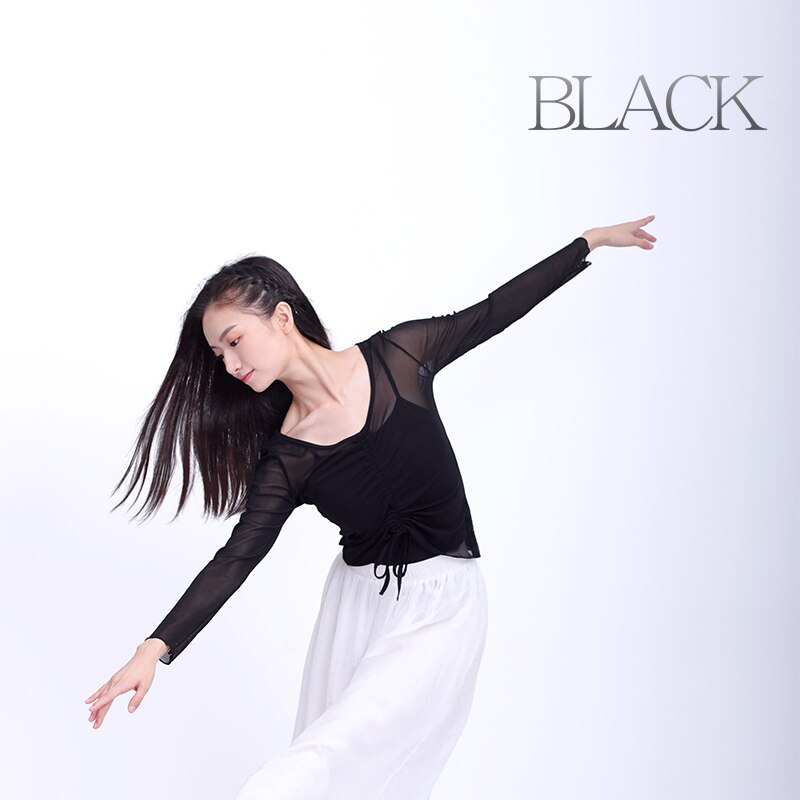 Women Mesh Dance Tops Drawstring Ballet Dance Overall Long Sleeve Adults Teen Girls Dance Tops Transparent Blouse Ballet Outfit: black / M height 160-165cm
