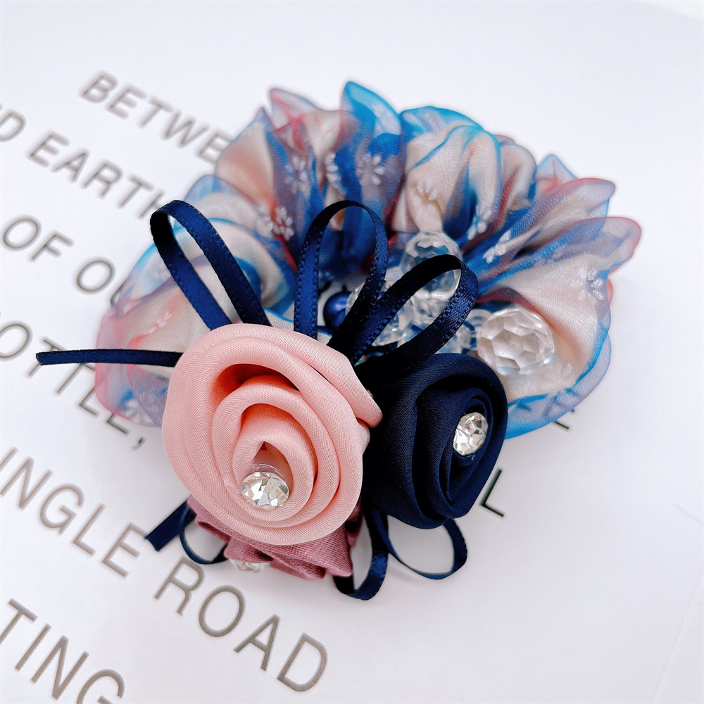 coreana, cuerda para el cabello con perlas, banda para el cabello con flores rosas, lazos para el cabello con diamantes de imitación, banda de goma, joyería para el cabello, accesorios para el cabello para mujer: Plata