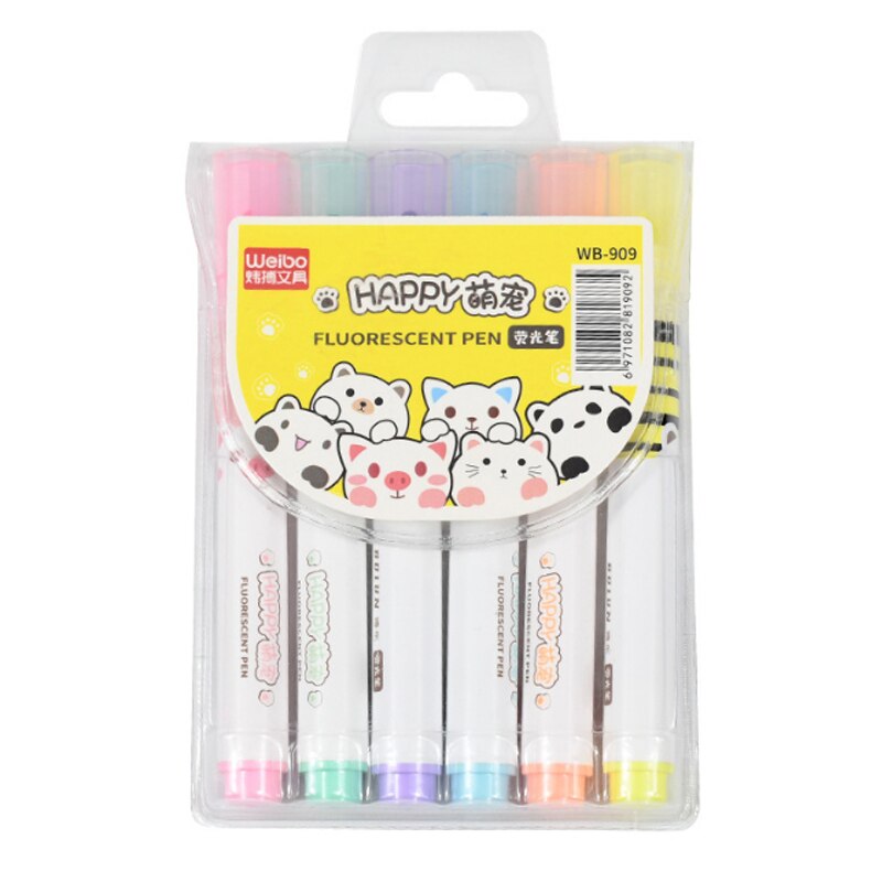 6Pcs Hoge Capaciteit Multicolour Highlighter Schuine Hoofd Effen Pen Marcador Kind Kantoor &amp; School Supplies