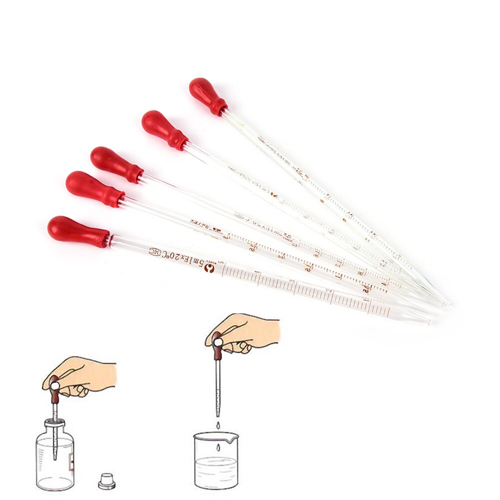 Pipeta graduada de vidrio con bombilla de goma, 0,5 ml, 1ml, 2ml, 3ml, 5ml, 1 ud.