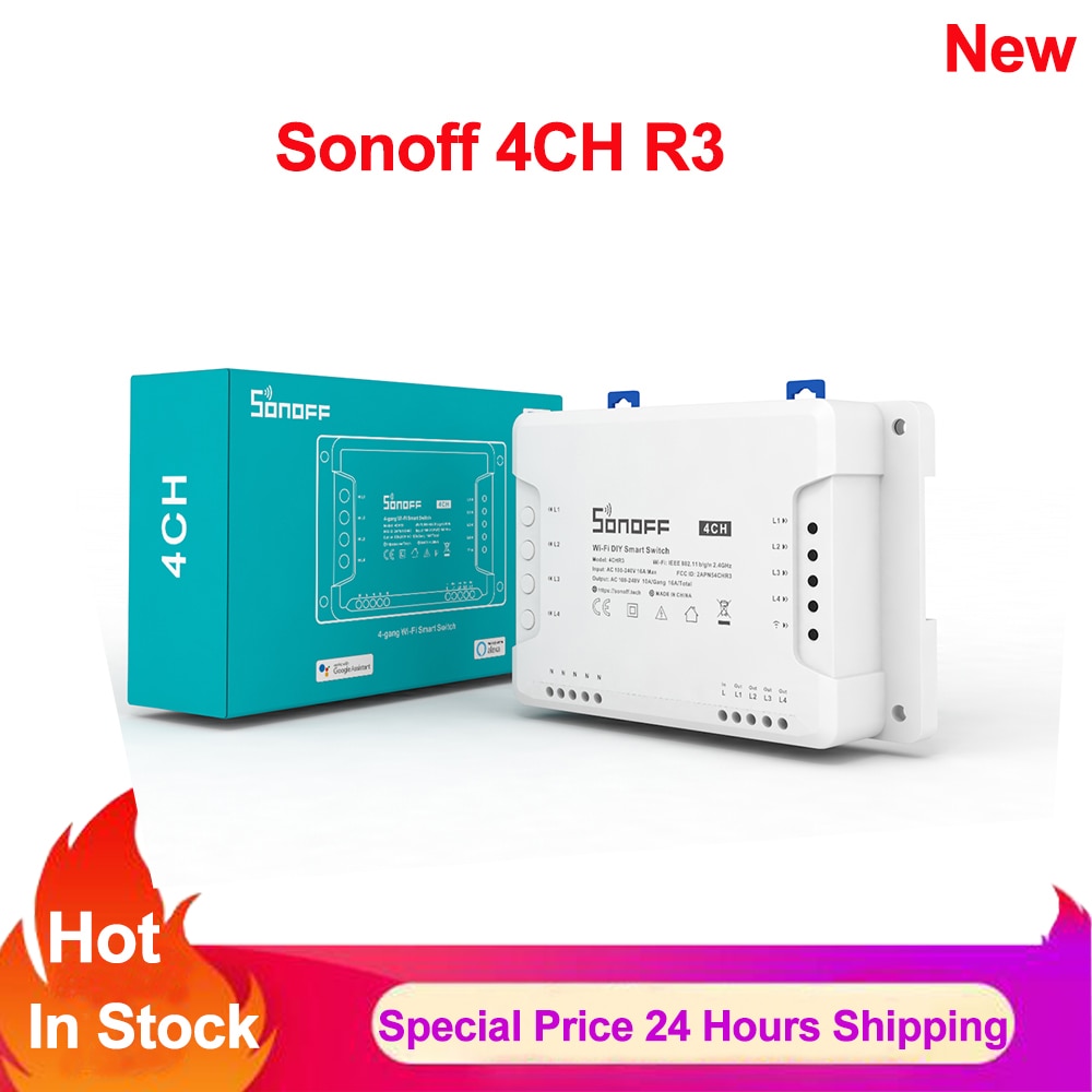 Sonoff-interruptor inteligente 4CH R3 4 Gang, dispositivo con Wifi, 3 modos de trabajo, bloqueo automático, a través de la aplicación Ewelink