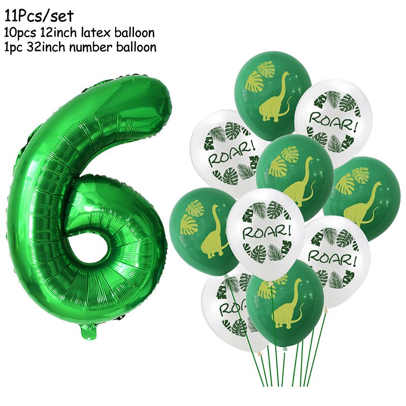 11Pcs Green Foil Number Balloons Dinosaur Latex Balloon Kids Jungle Theme Birthday Safari Forest Party Decorations Baby Shower: Number6 set