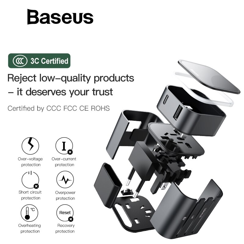 Baseus 18W Quick Charge 3,0 USB Ladegerät Reise Adapter mit PD3.0 Schnelle Telefon Ladegerät Globale Umwandlung Ladegerät Weltweit Adapter