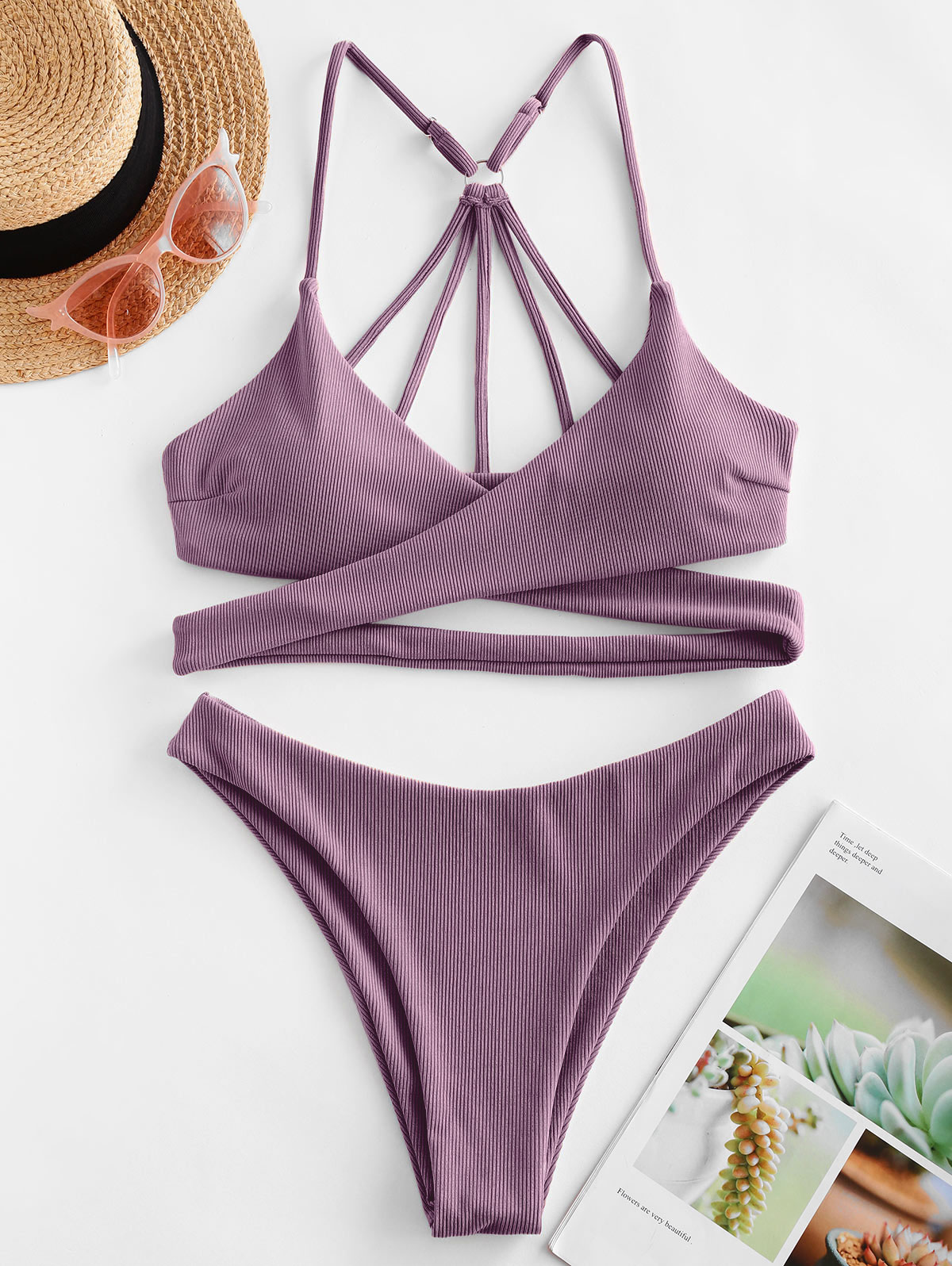 Zaful Geribbelde Strappy Wrap Bikini Badpak Bodysuit Hoge Cut Effen Kleur 2 Stuk Vrouwen Badpakken: Purple / M