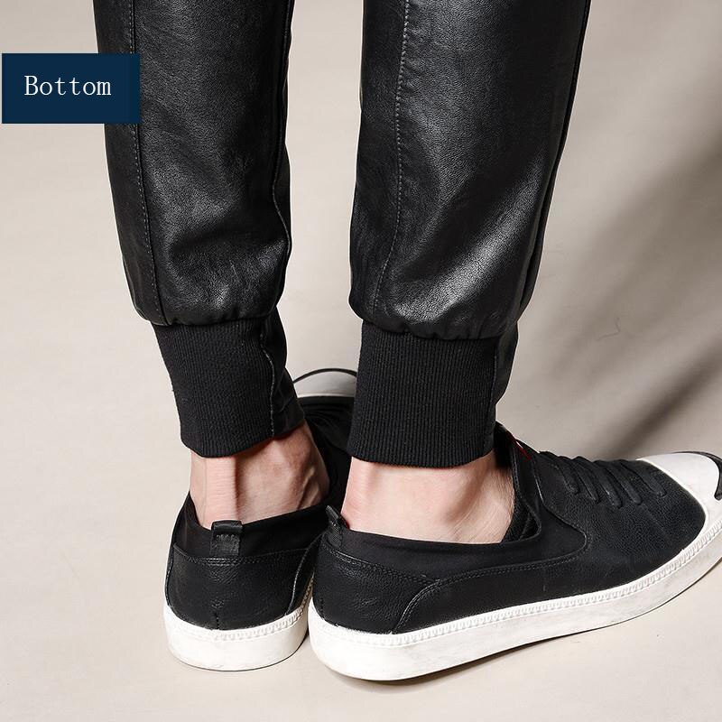 Idopy-pantalones bombachos de piel sintética para hombre, pantalón informal, coreano, de PU, cómodo, con cintura elástica, de cuero negro