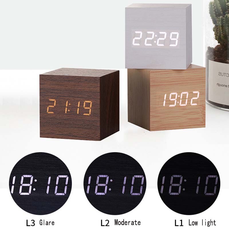 Alarm Clock LED Wooden Watch Table Voice Control Digital Wood Despertador USB/AAA Powered Electronic Desktop Clocks