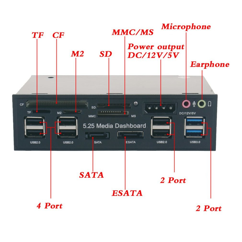 5.25\" Pc Front Panel Dashboard Media Usb 3.0 Hub Audio Esata Sata Card Reader Desktop Optical Drive Multifunctional Panel 525E