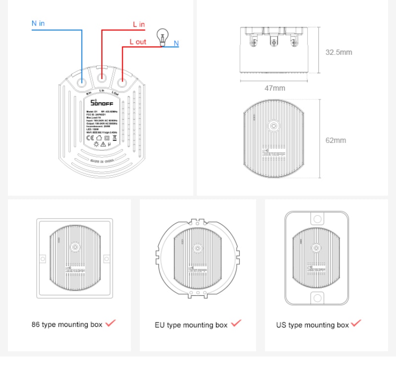 Sonoff D1 Smart Dimmer Wifi Schakelaar Module 433Mhz Rf Remote Voice Control Licht Aanpassen Via Ewelink App Alexa google Thuis