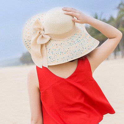 Women Ladies Summer Hats Straw Hats Bow Beach Foldable Sun Hats: Dot Beige