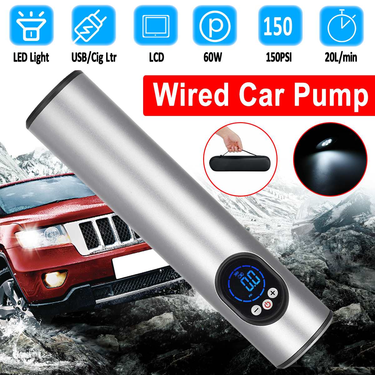 3 Buttons LCD Handheld Inflatable Pump Tyre Portable Compressor Digital Car Tyre Pump Preset Pressure 12V 150PSI 20L/min: 3 Buttons Silver