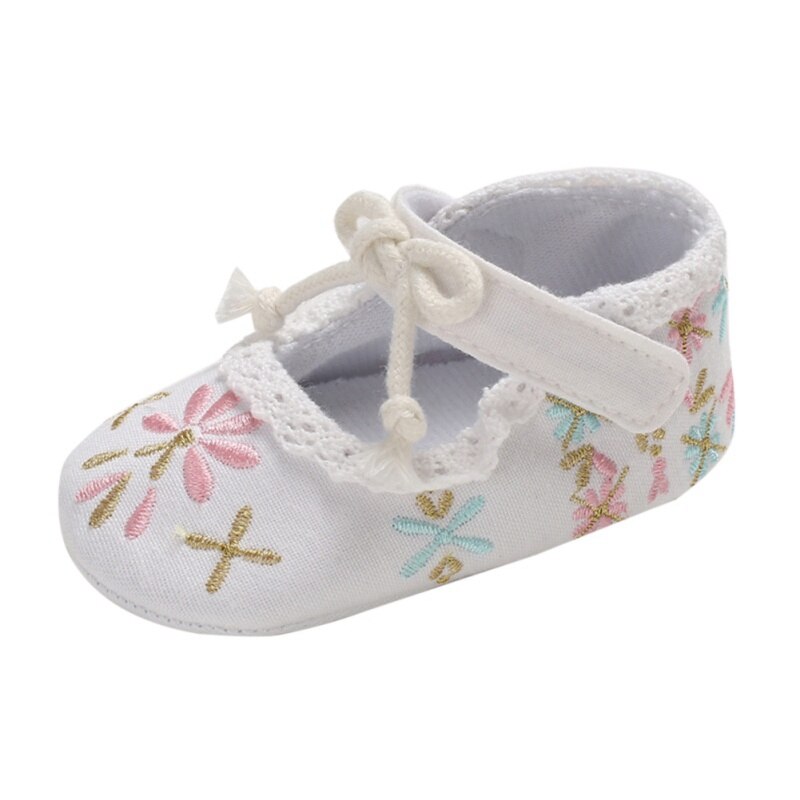 Baby Girl First Walkers Cartoon Floral Embroidery Soft Sole Baby Crib Shoes With Bowknot 0-18M: White / 0-6 Months