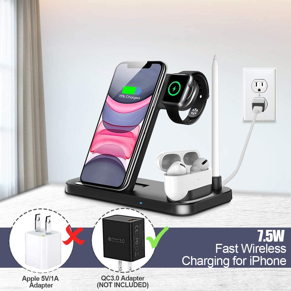 4 in1 Chargeur Sans Fil Qi 10W Support De Chargement Rapide pour iPhone 11 X XS XR XS Max 8 Plus SE2020 Pour Apple Montre 5 4 3 2 Airpods/Pro