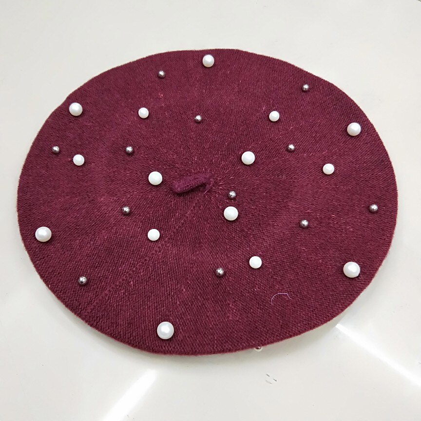 årgang ull strikket kvinner fransk perle beret hattemaker ski caps varm vinter jente søt maling beading hatt lue panser femme gorras: beige