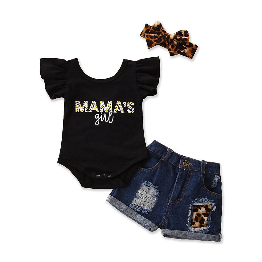 Baby Baby Meisjes Jumpsuit Zwart Mama' S Meisje Brief Romper + Luipaard Print Denim Shorts + Hoofdbanden Outfits Set
