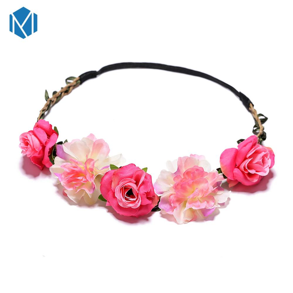 M MISM Beautiful Women Flower Garlands Head Wreaths Bohemia Flower Crown Cherry Blossoms Rose Garland Hair Wreaths Photography: rose red