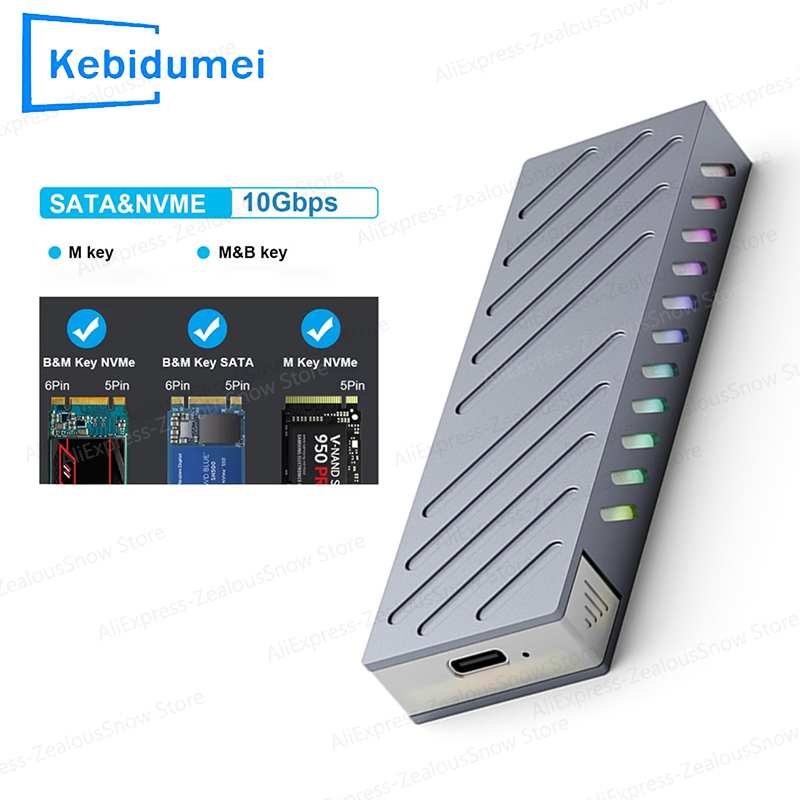 M.2 SSD Case 10Gbps M.2 SATA/NVMe Dual Protocol SSD Adapter SSD To USB 3.1 External Enclosure for NVME PCIE NGFF SATA RGB Box: grey