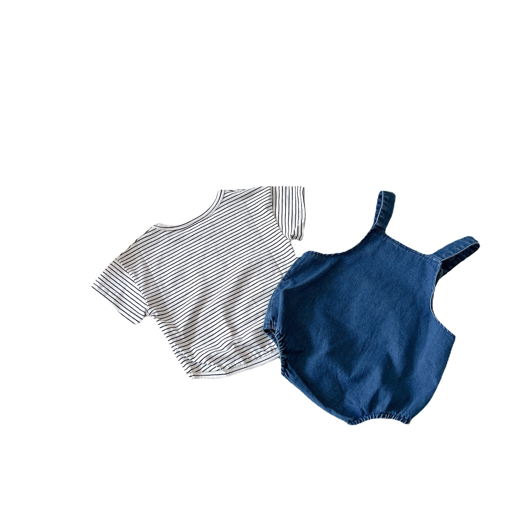 1225B Babykleertjes Beer Cowboy Riem Broek Lente Zomer 2022 Koreaanse Baby Boy Gestreepte Korte Mouw T-shirt Of Riem romper