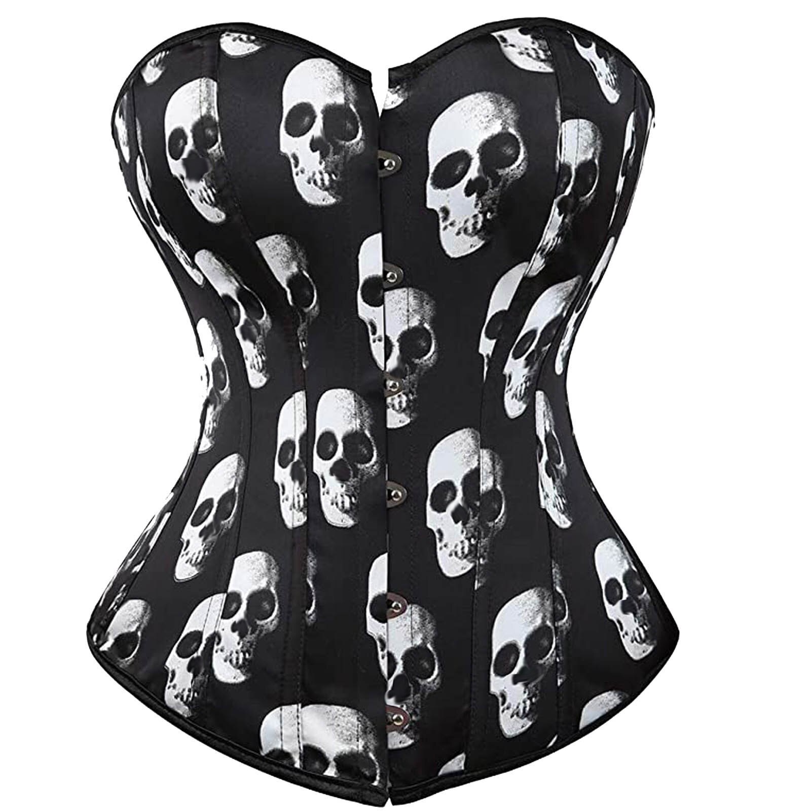 Corset Top Bustier Satin Skull Print Plus Size Boned Posture Corset Shapewear Outfit Sexy Push Up Slimming Corset: XXL