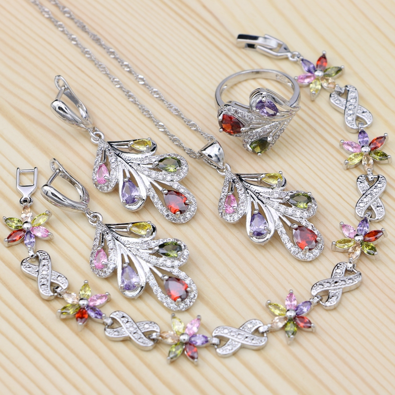 925 silber Braut Schmuck setzt Für Frauen Hochzeit Mehrfarbig Zirkonia Ring/Armbinde/Halskette/Anhänger ohrringe einstellen