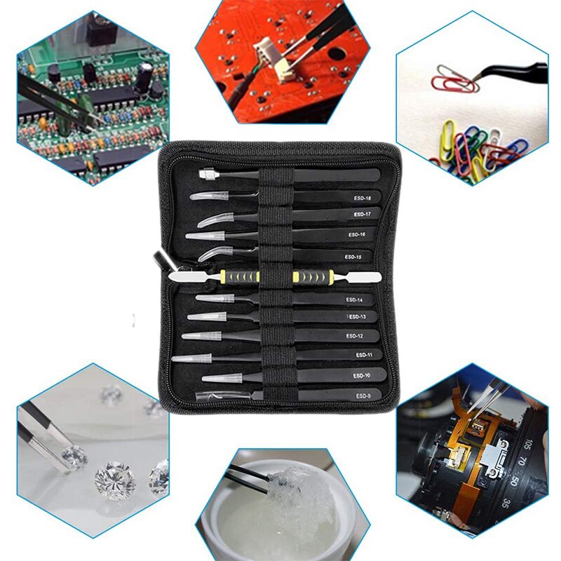 12 Pieces Tweezers Set, Anti-Static Tweezers Kit with 11 Precision Non-netic Stainless Steel Tweezers,Crowbar