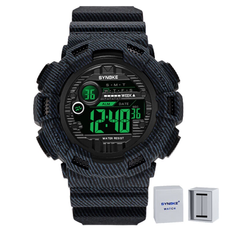 SYNOKE-reloj deportivo para hombre, cronógrafo Digital, resistente al agua, con pantalla Led: Denim Blue And Box