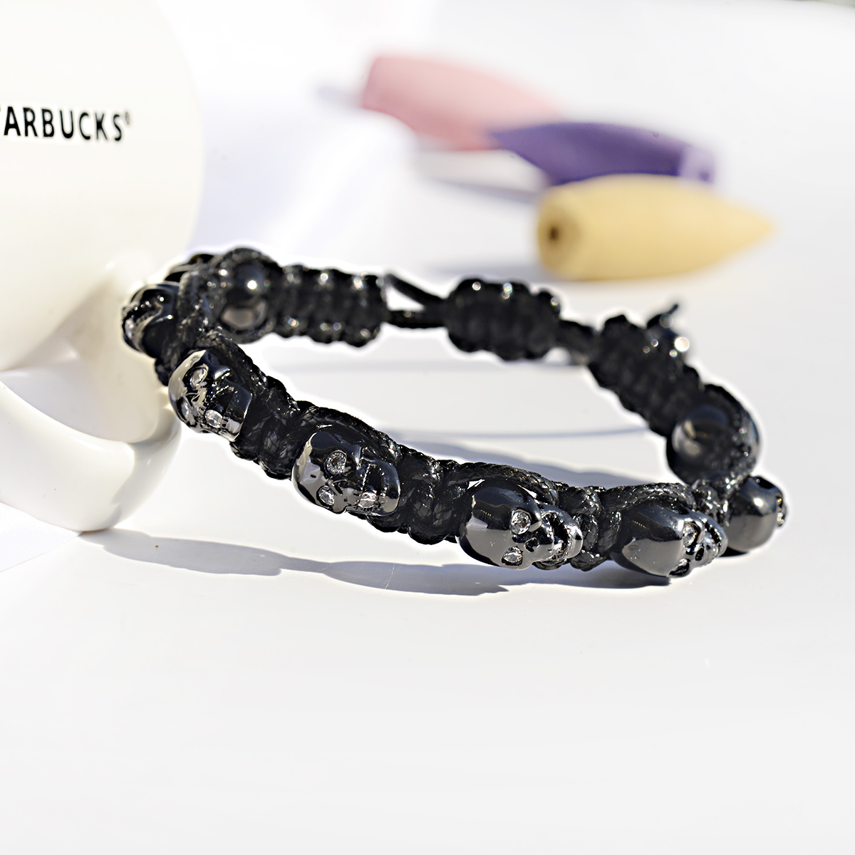 Pulsera trenzada a mano con calavera de circón para hombres y mujeres, cuentas de cobre, brazalete de cadena hecho a mano ajustable de Metal clásico: Color amarillo dorado claro