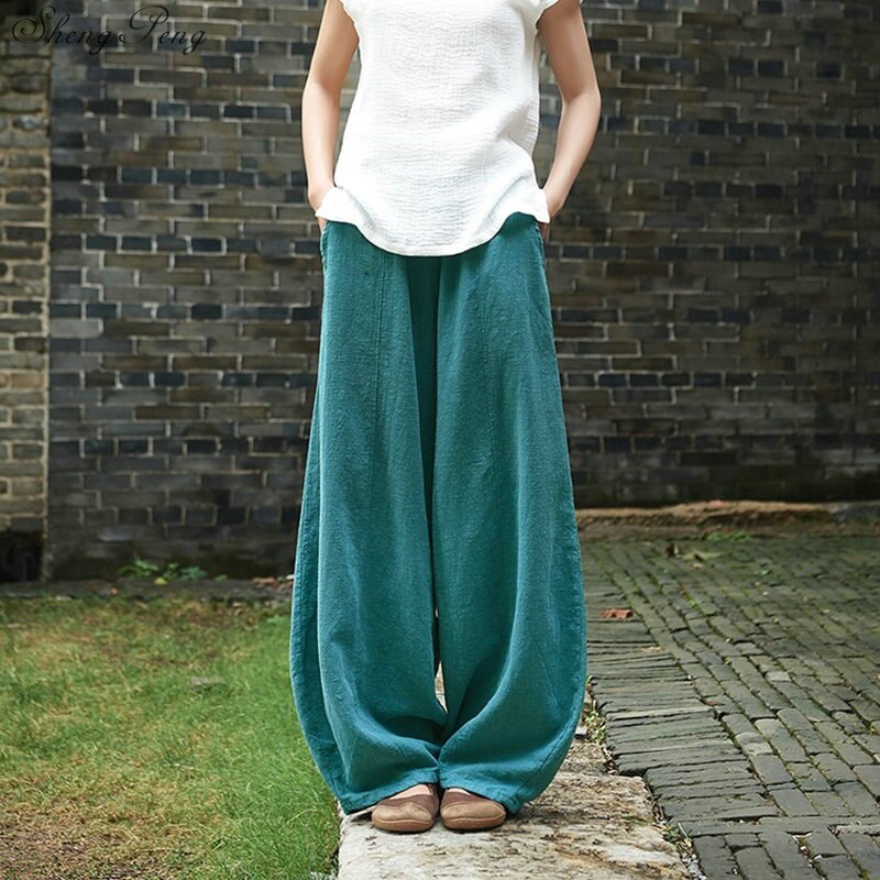 Pantalones de lino para mujer, ropa de lino para mujer, cintura elástica, cómoda, sólido, pierna ancha, blanco, talla libre, V1343