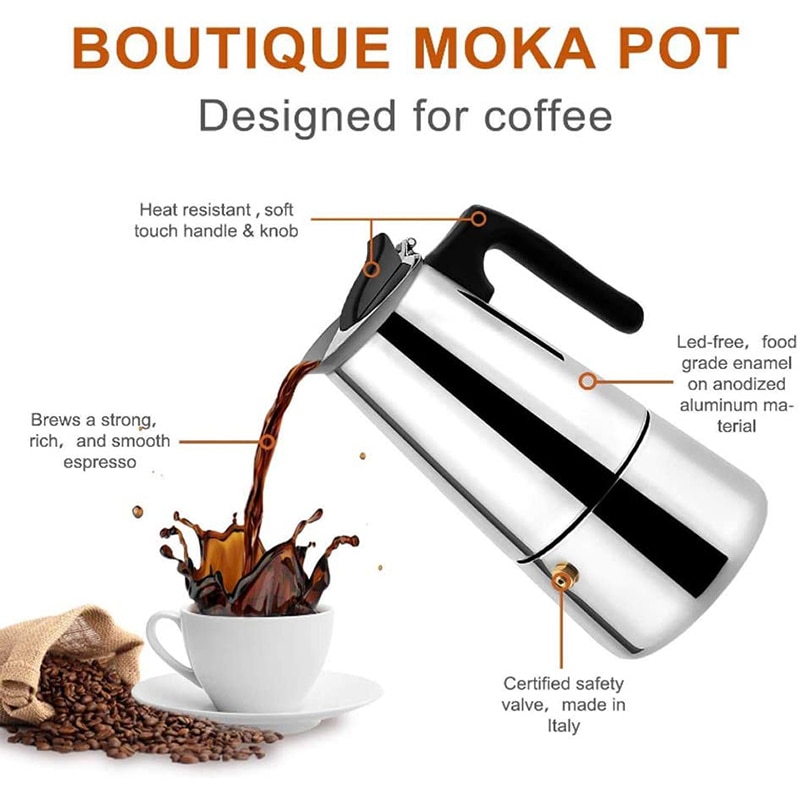 Stainless Steel Moka Latte Espresso Portable Coffee Maker Stovetop Filter Coffee Pots Percolator,300ML