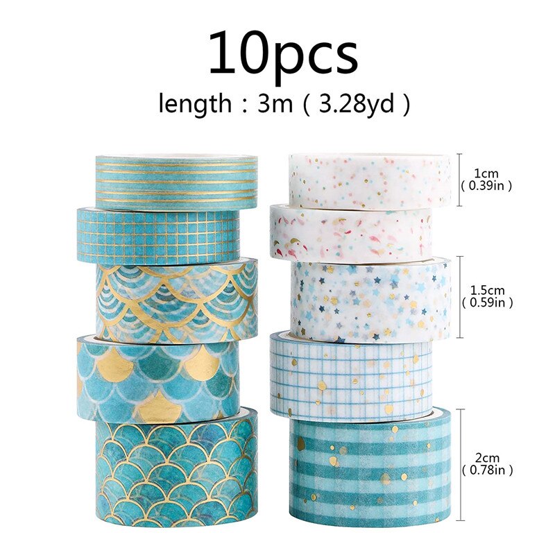 10Pcs Blauwe Golf Washi Tape Set Goudfolie Afplakband Decoratief Papier Tape Voor Scrapbook Cadeaupapier Diy Decor craft Supplies