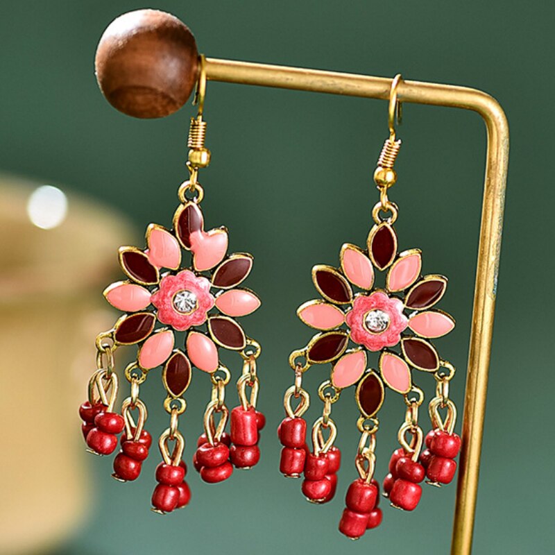 Bohemian Ethnic Flower Ladies Earrings for Women Boho Vintage Alloy Carved Beads Tassel Dangle Earrings Indian Jewelry: E1949-6 Red