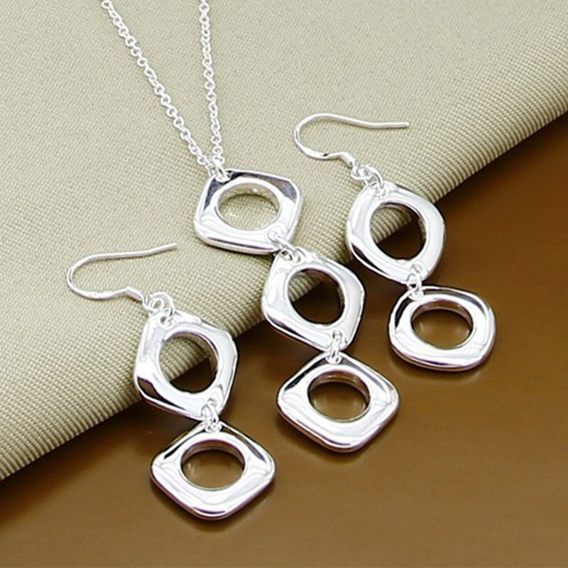 African Jewelry Sets 925 Silver Geometric Pendants Necklaces Earrings Set Ladies Jewelry