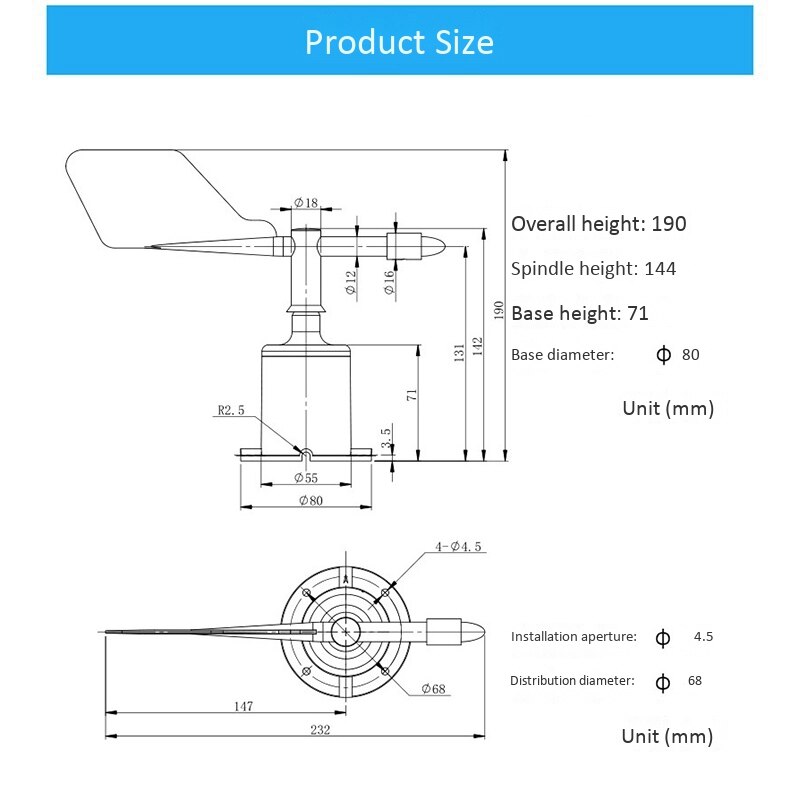 DC10-30V Wind Speed Sensor 4-20MA 8 Indication Direction Polycarbonate Wind Speed Sensor Anemometer Speed Measuring Tool
