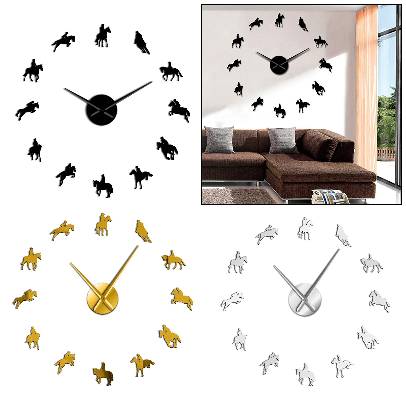 Wall Clock Stickers, DIY Frameless Modern 3D Mute Mirror Wall Clock for Home Office Decorations, Horse Pattern