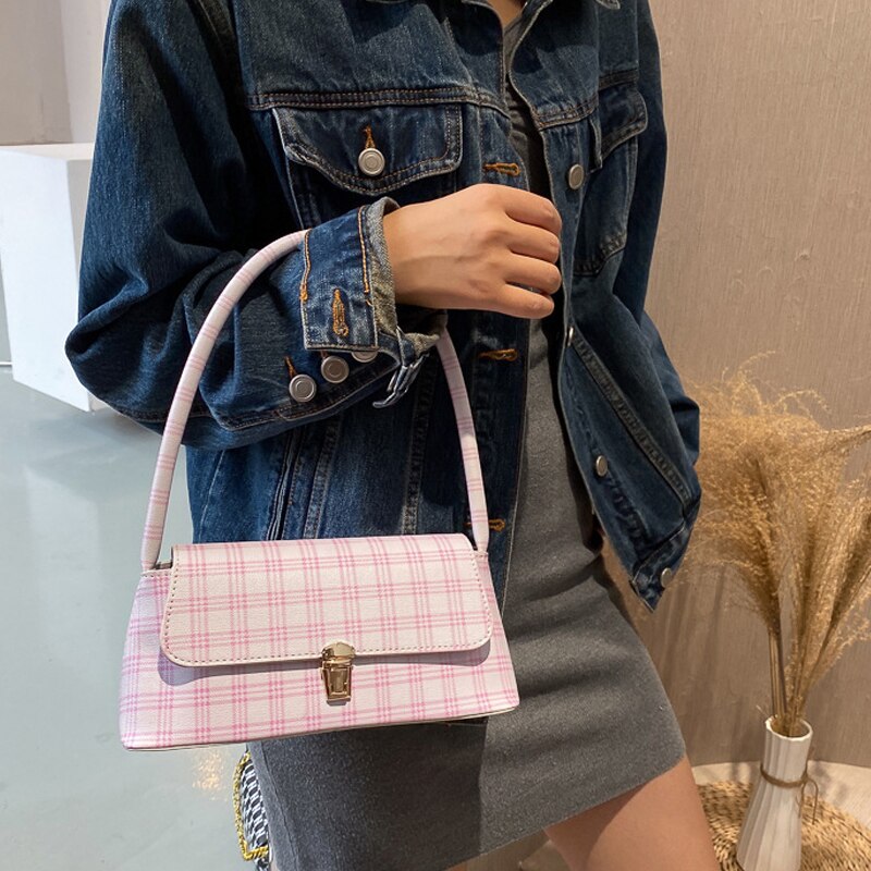 Bolso cruzado retro a cuadros para mujer, baguette con axilas, cadena de hombro, bolso de mano femenino y monedero