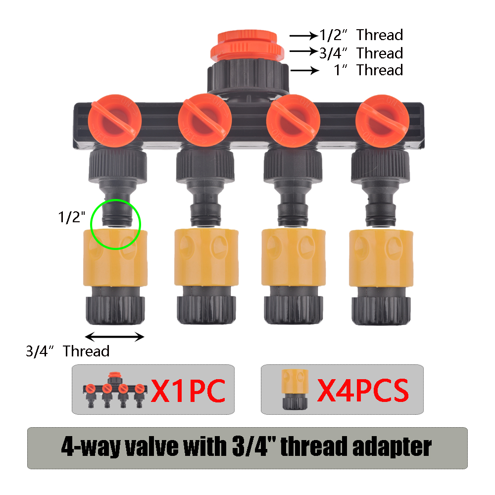 1/2'' 3/4'' 1'' Water Tap Splitter 4-Way Outlet Garden 4/7mm 8/11mm Watering Hose Adaptor Drip Irrigation for Greenhouse: YL-LJ-A
