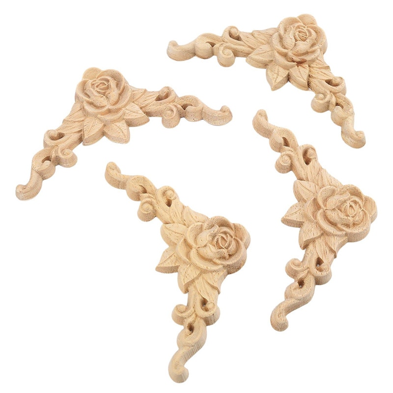 Aplique de esquina tallado en madera, 8x8cm, para puerta de armario, rosa sin pintar, estilo europeo, 4 Uds.