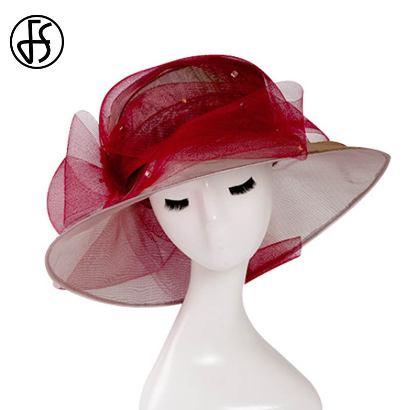 FS Beige Weiß Organza Breite Krempe Sonnenhut Hüte Für Frauen Kirche Hüte Frauen Elegante Kentucky Derby Hütte Damen Großen Bogen Fedora: wein rot sonne Hat