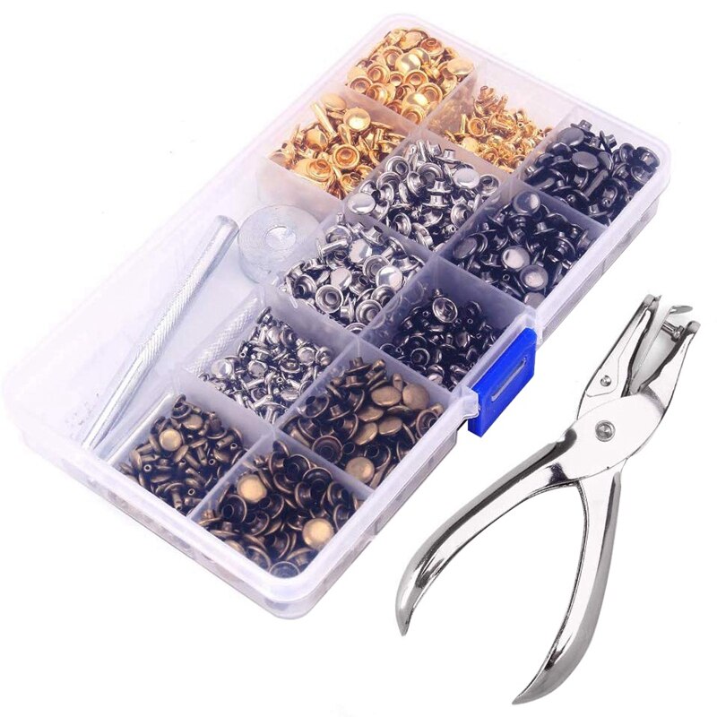 480 Sets Leer Klinknagels, double Cap Klinknagel Buisvormige Metalen Studs met 3 Stuks Setting Tool Kit voor Leer Craft Reparaties Decoratio