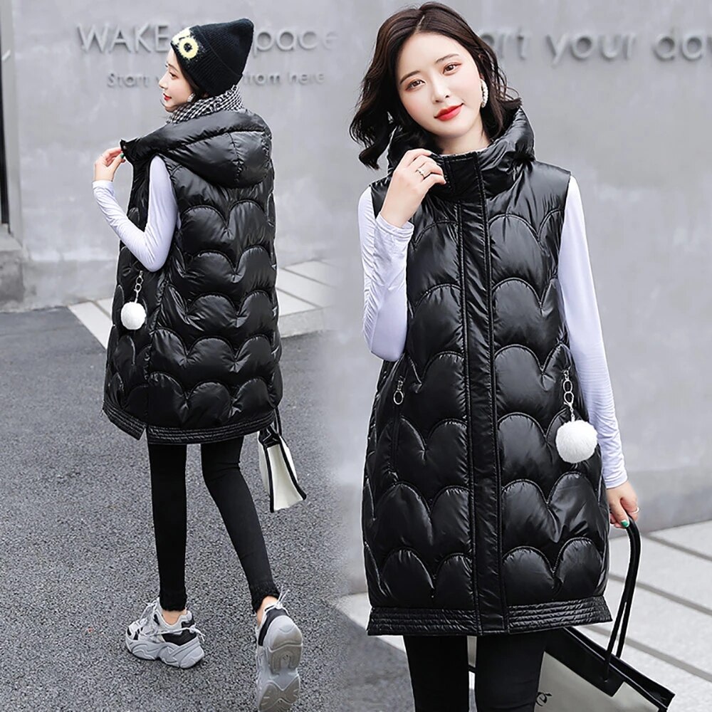 Solid Hooded Vrouwen Winter Vest Lange Stijl Dikke Vrouwelijke Mouwloos Vest Katoen Gewatteerde Vest Jasje Met Pocket Uitloper: Black / Xl