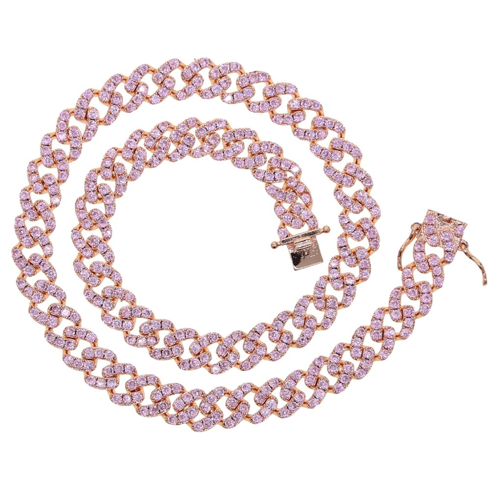 10mm iced out bling cz Miami cuban link chain Two tone With White &Pink cz choker necklaces silver color women jewelry: Rose Gold Pink / 38cm