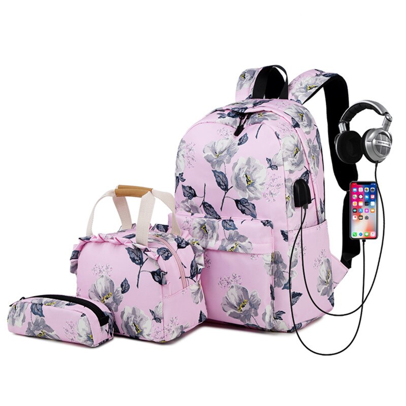 Fengdong 3pcs/set floral school backpack for girls cute flower handbag set student pencil bag children school bags kids backpack: pink