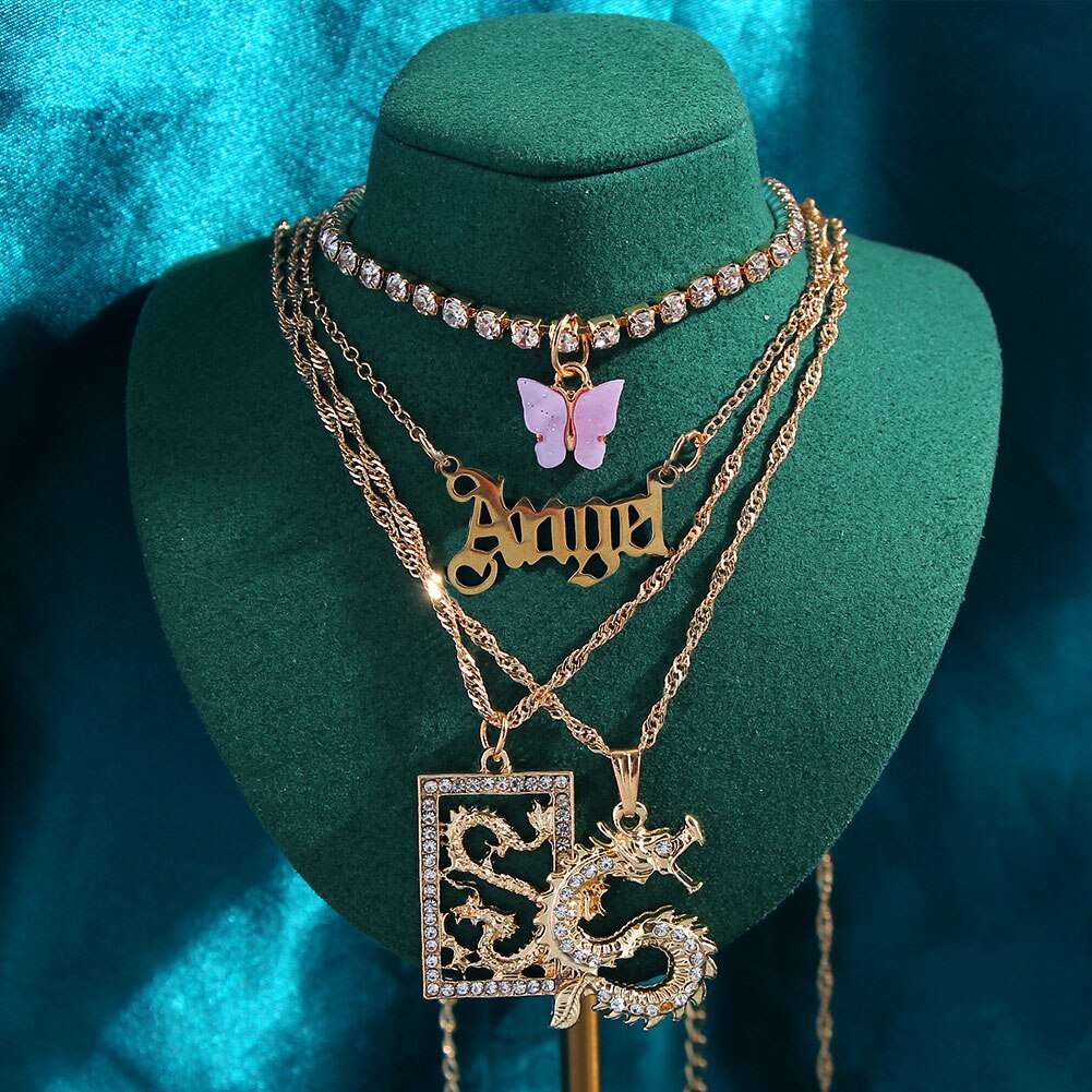 Collares de cristal multicapa con de mariposa y dragón para mujer, cadena de clavícula con letras de Ángel dorado Punk, joyería para de hip hop, novedad