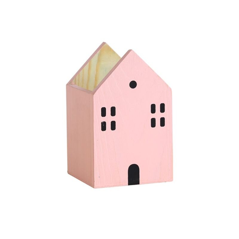 1 Pc maison forme en bois crayon porte-stylo organiseur de bureau conteneur brosse Pot papeterie école bureau fournitures: Pink S